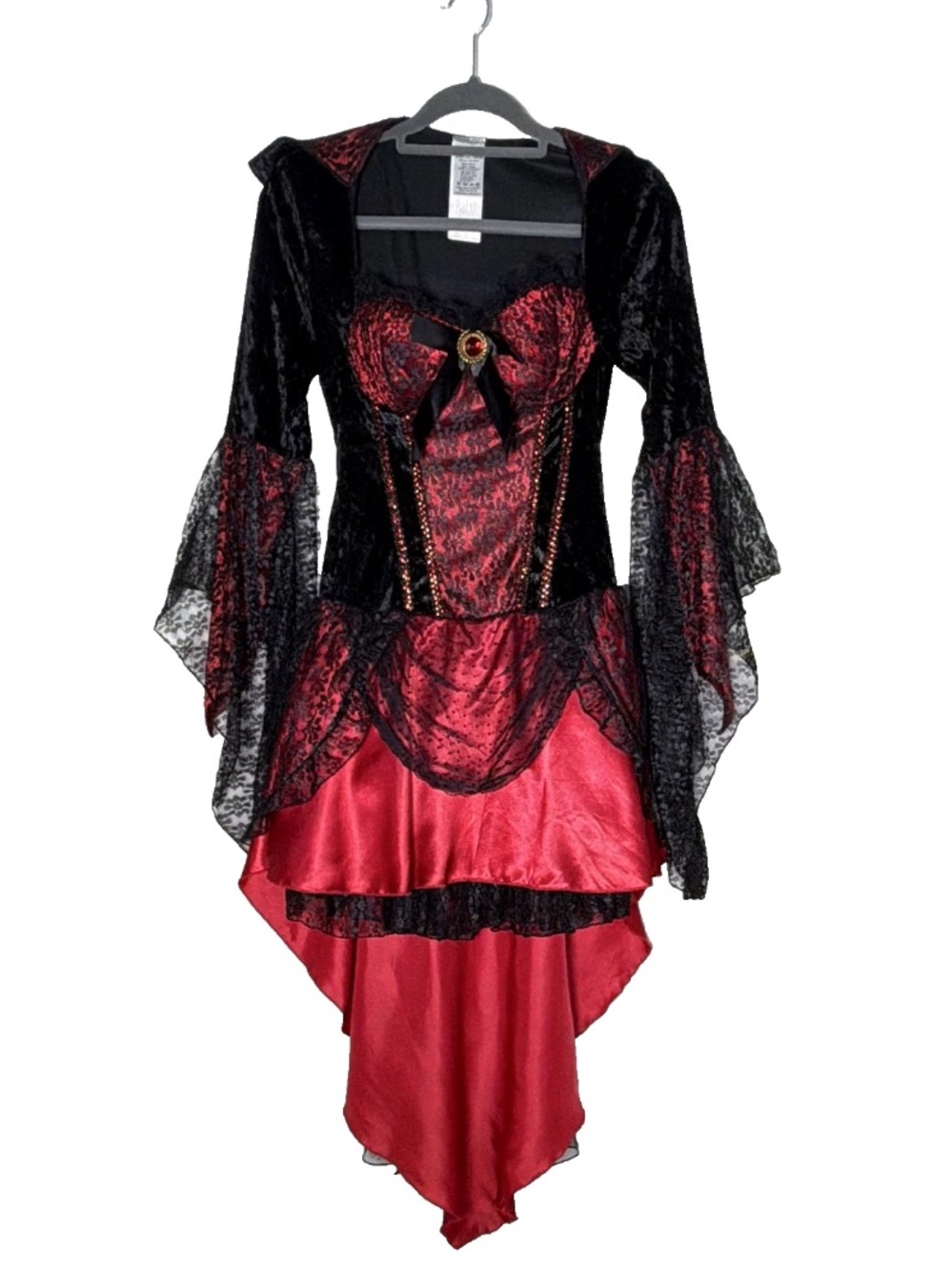 Gothic Vampire Queen Costume Dress-Red Black Lace High-Low Bell Sleeves Witch S